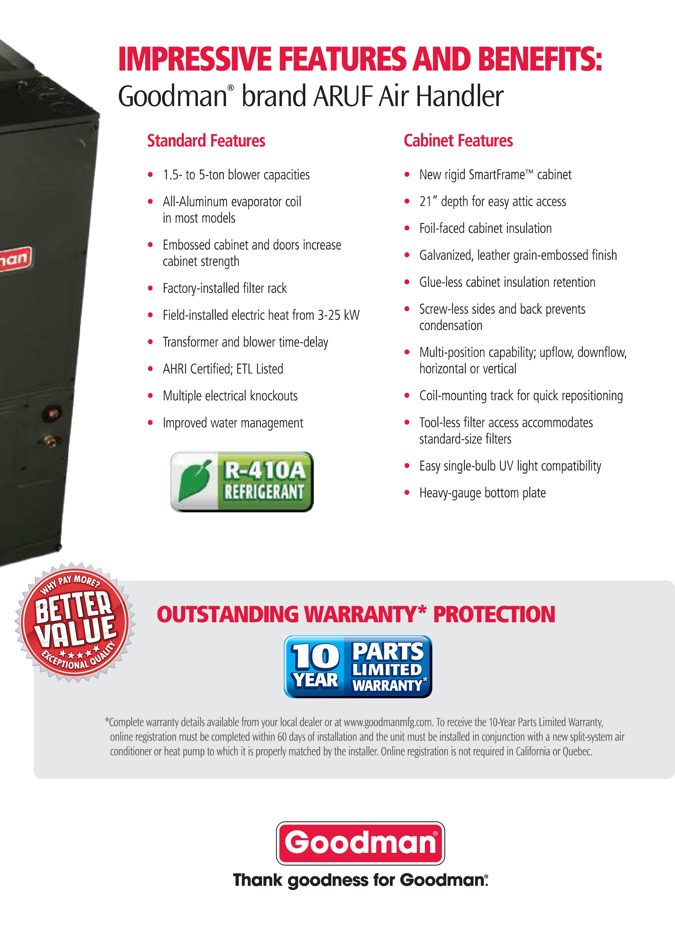 3.5 Ton Goodman Air Handler, ARUF47D14 (6754)